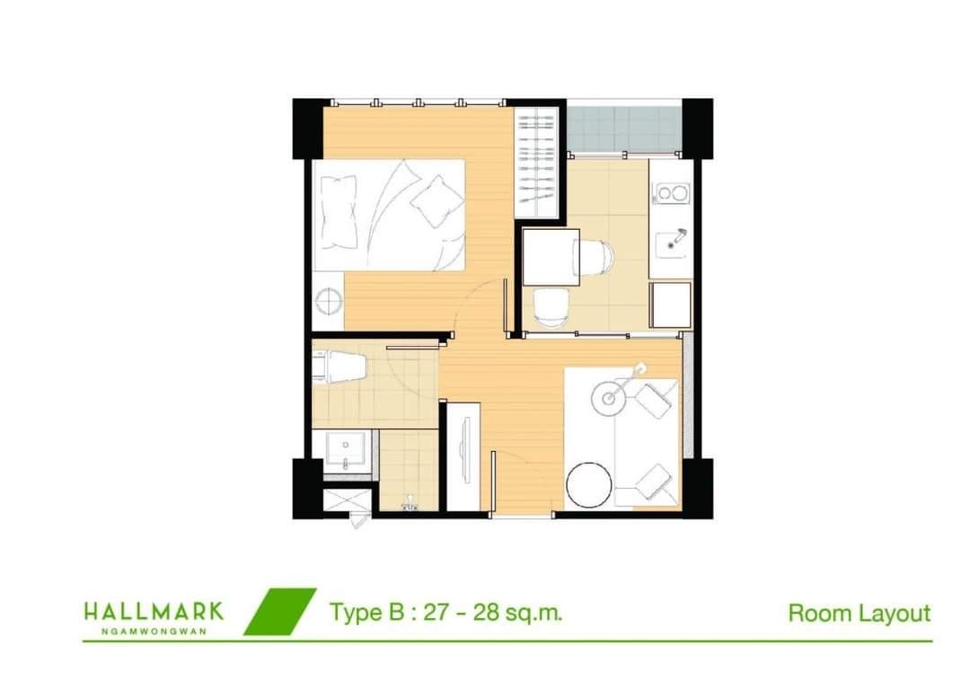 (CSL-253),Hallmark Ngamwongwan,Near mrt Tiwanon,1 bed 1 bath,28sqm.3FL